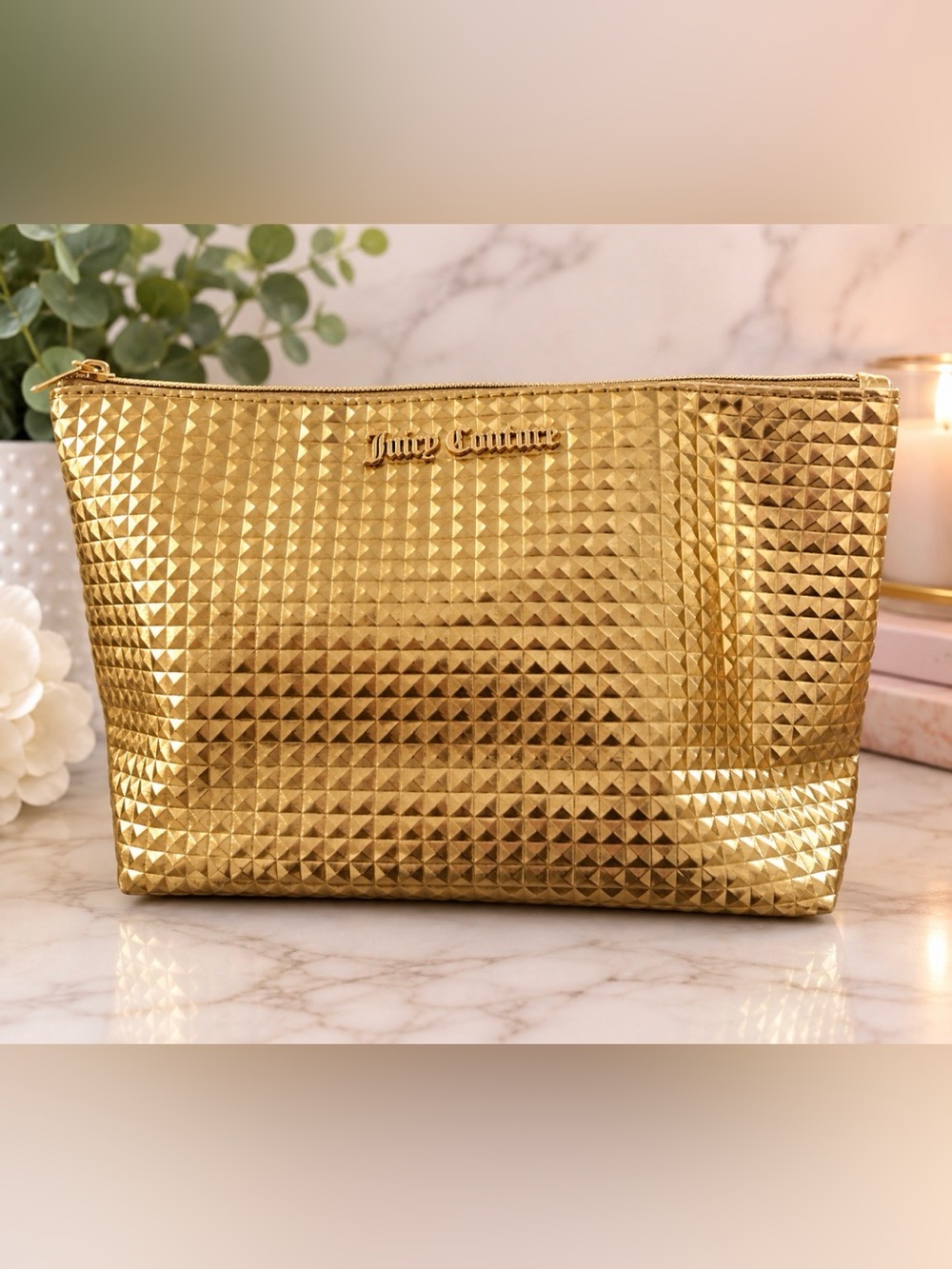 Juicy Couture large Gold Metallic Pyramid Makeup / Cosmetic Bag